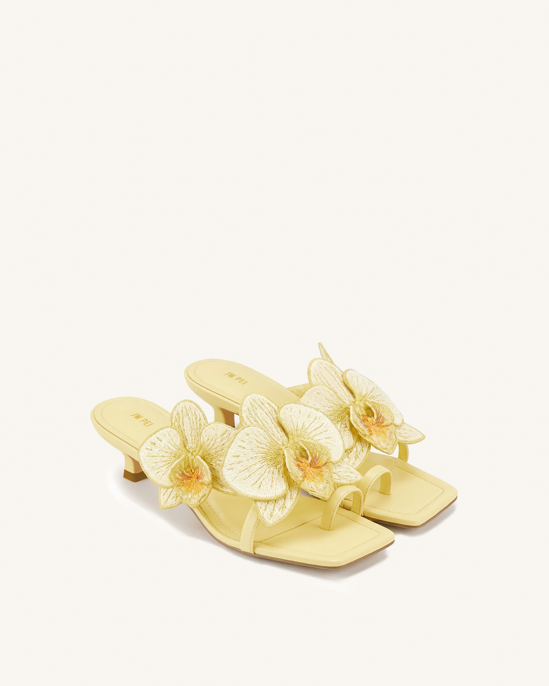 Serena Orchid Embroidered Toe Ring Heeled Sandals - Butter Yellow