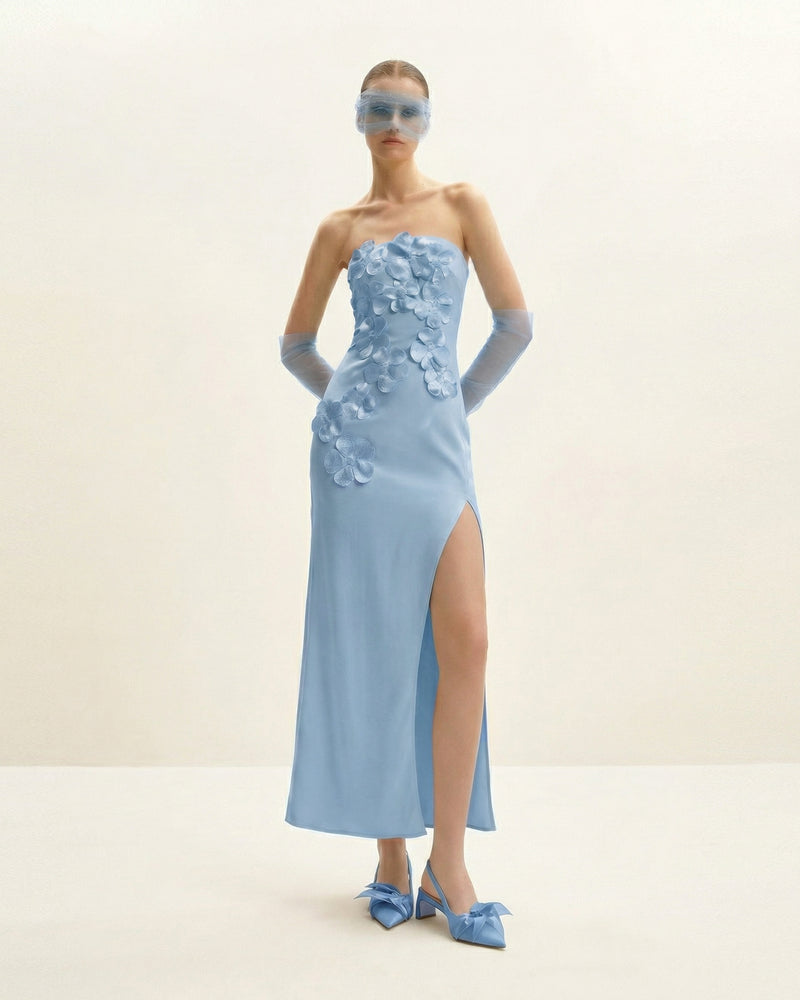 Floral Embroidered Long Dress - Blue