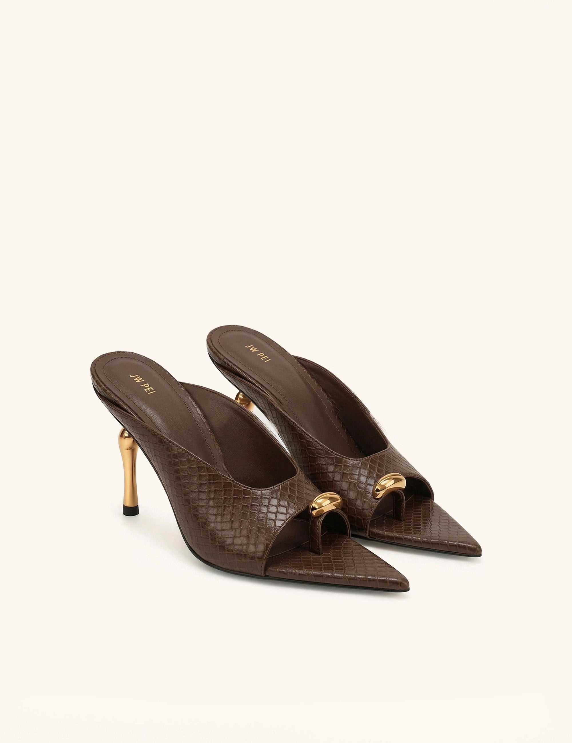 Noemi Pointed-Toe Snakeskin Mule Heels - Brown