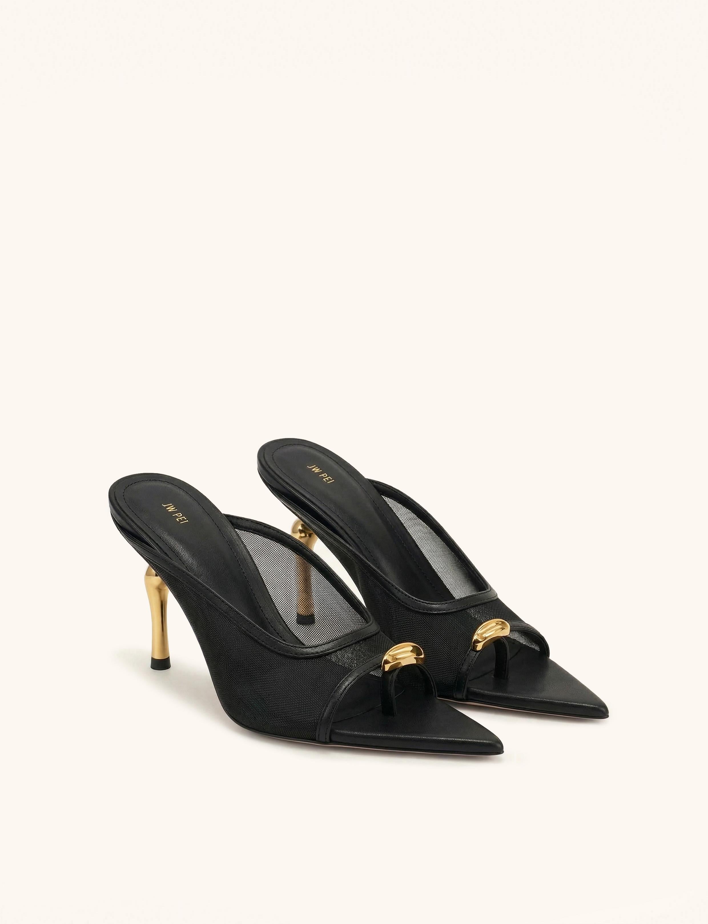 Noemi Pointed-Toe Mesh Mule Heels - Black