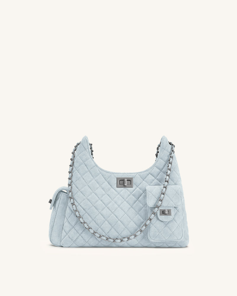 Vivian Faux Suede Quilted Shoulder Bag - Light Blue
