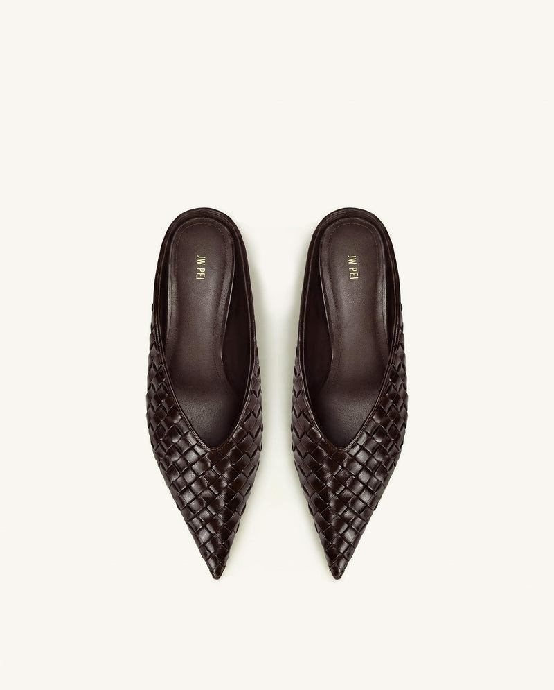 Helena Woven Textured Pointed Toe Mules - Dark Brown