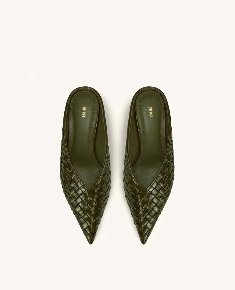 Helena Woven Textured Pointed Toe Mules - Olive Green
