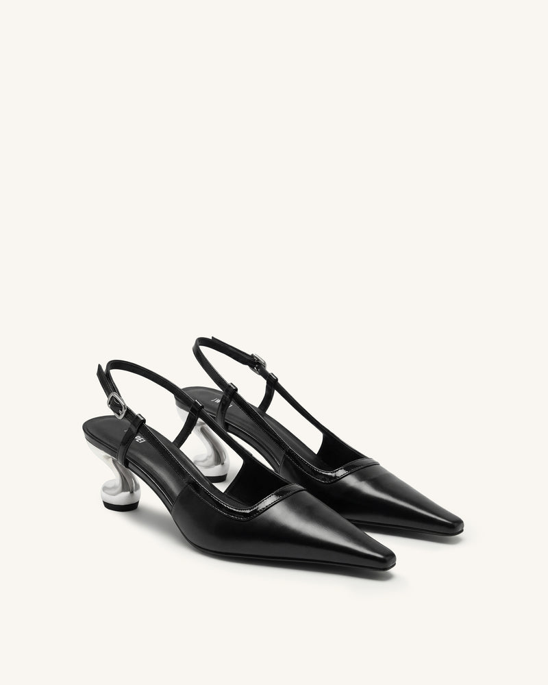 Hannah Sculptural Heel T-Strap Slingback Pumps - Black