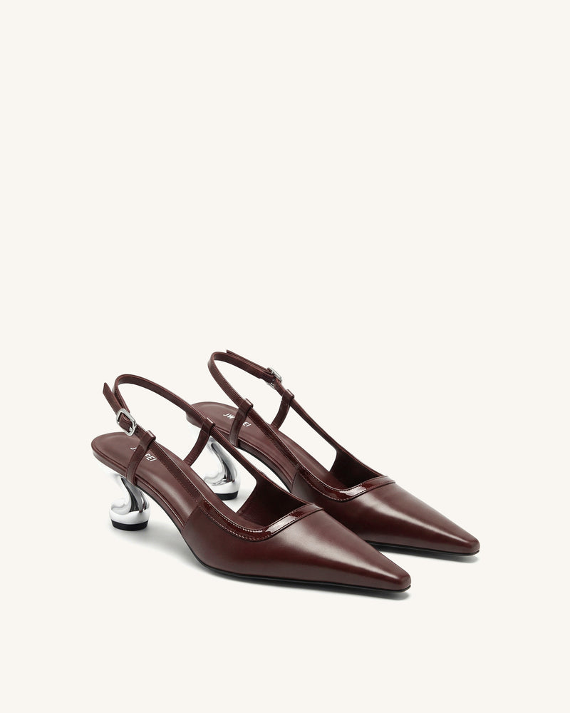 Hannah Sculptural Heel T-Strap Slingback Pumps - Burgundy