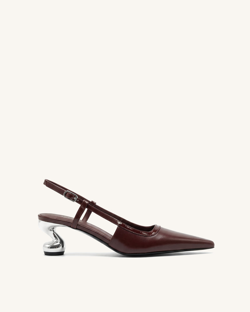 Hannah Sculptural Heel T-Strap Slingback Pumps - Burgundy