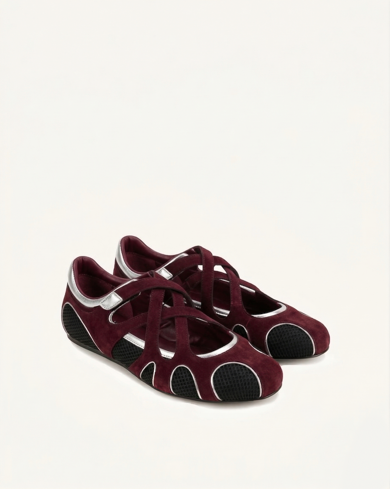 Thalia Mesh Panel Multi-Strap Ballet Flats - Burgundy
