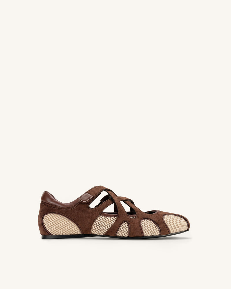Thalia Mesh Panel Multi-Strap Ballet Flats - Brown Beige