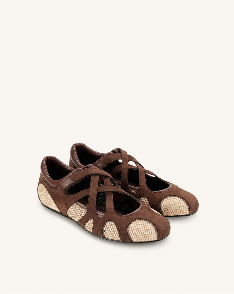 Thalia Mesh Panel Multi-Strap Ballet Flats - Brown Beige