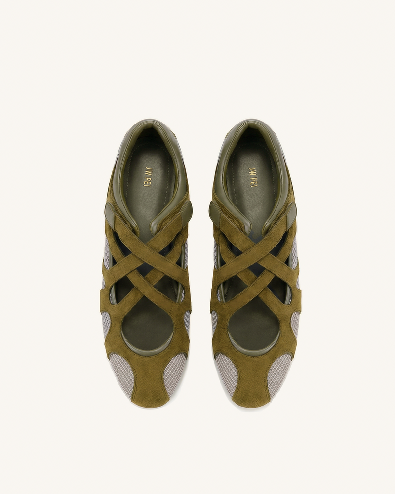 Thalia Mesh Panel Multi-Strap Ballet Flats - Olive Green