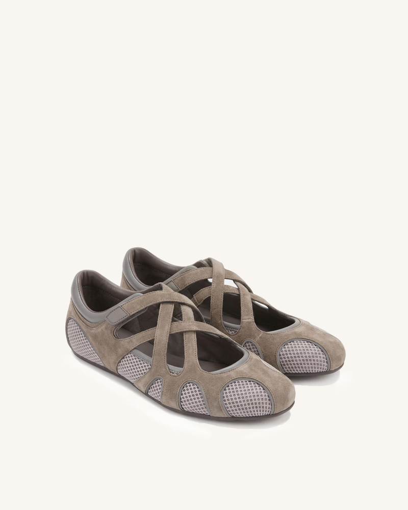 Thalia Mesh Panel Multi-Strap Ballet Flats - Khaki