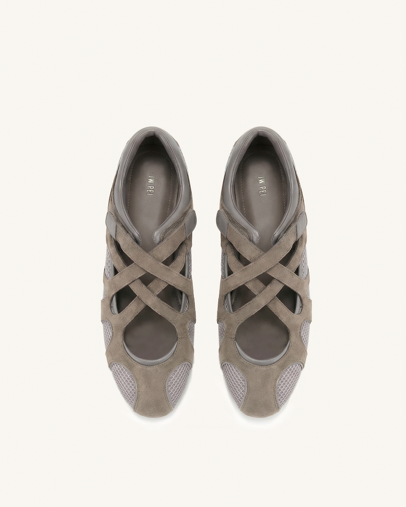 Thalia Mesh Panel Multi-Strap Ballet Flats - Khaki