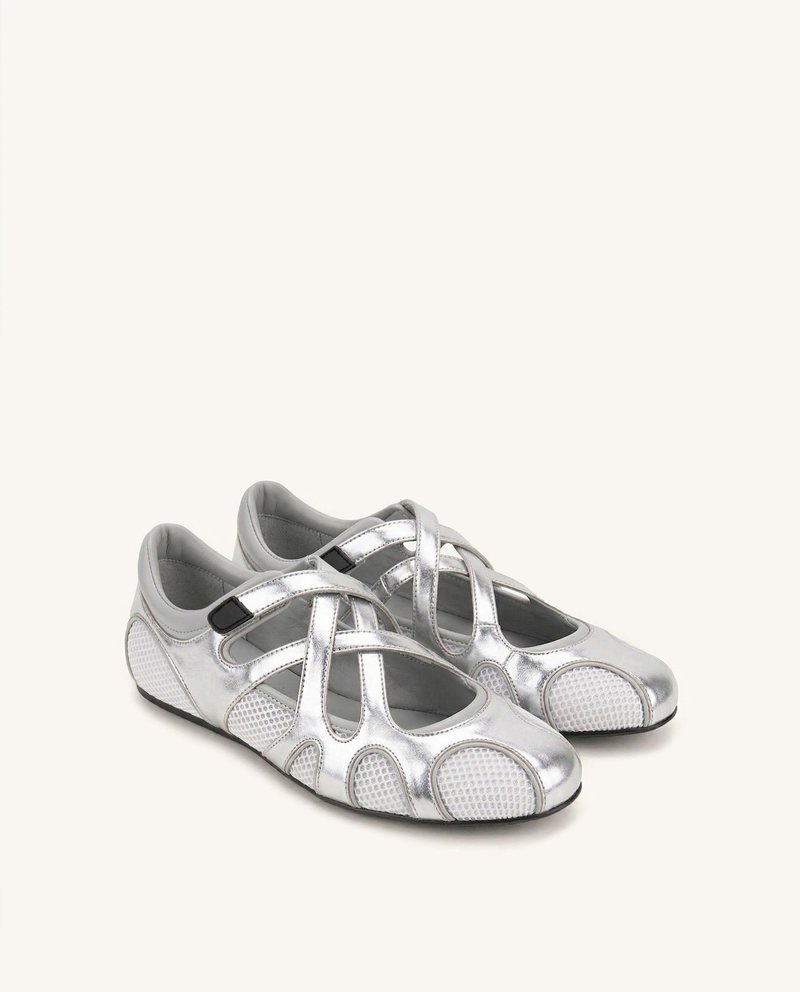 Thalia Mesh Panel Multi-Strap Ballet Flats - Silver