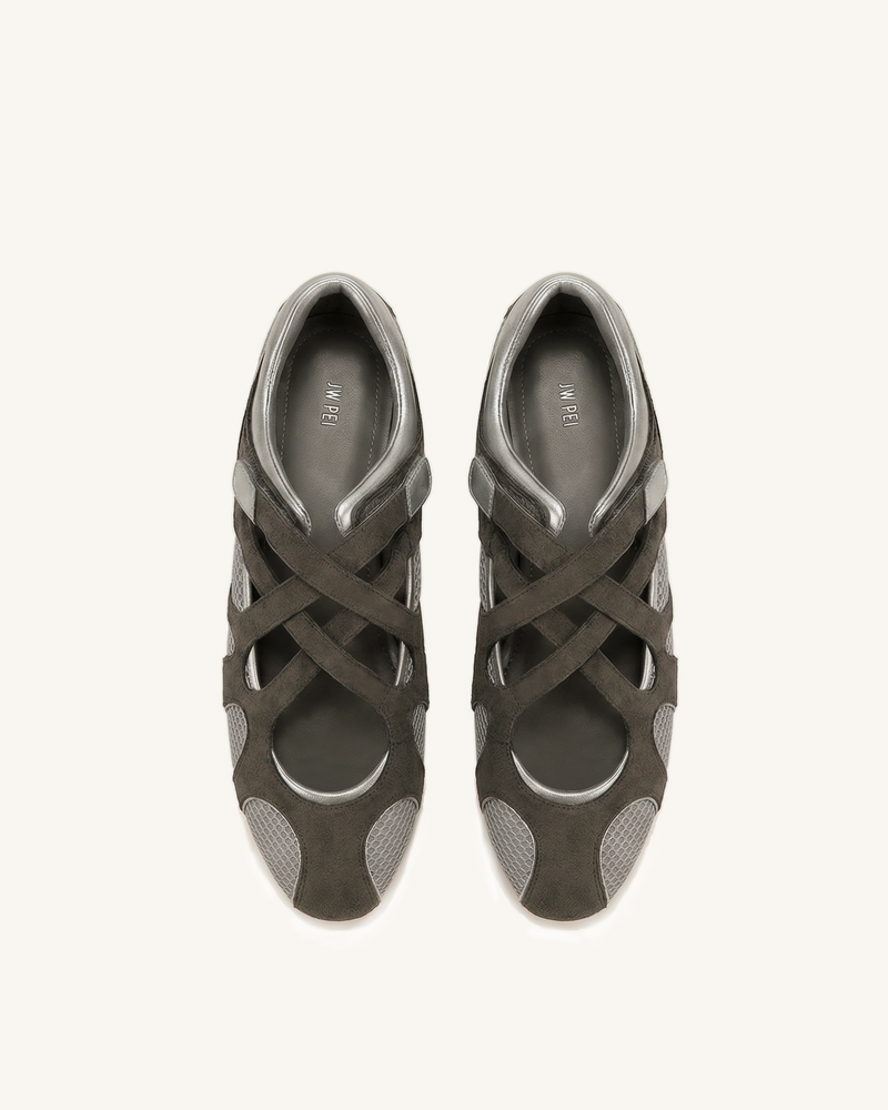 Thalia Mesh Panel Multi-Strap Ballet Flats - Dark Grey