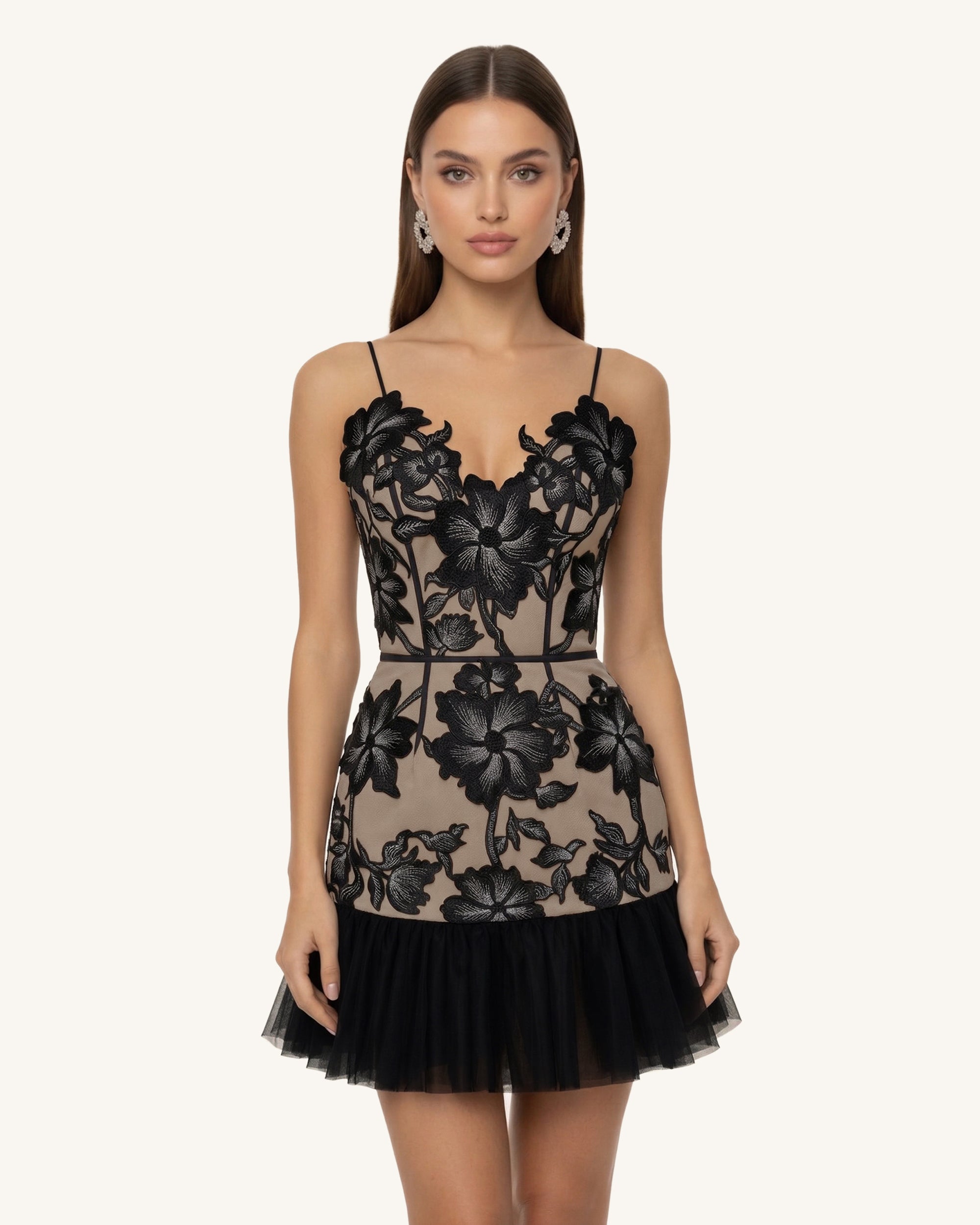 Floral Sling Mini Dress - Black