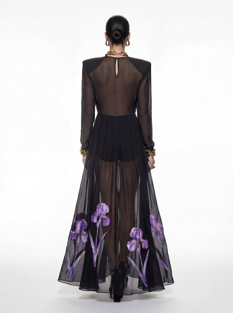 Iris Floral Print Long-Sleeve Sheer Gown - Black/Purple