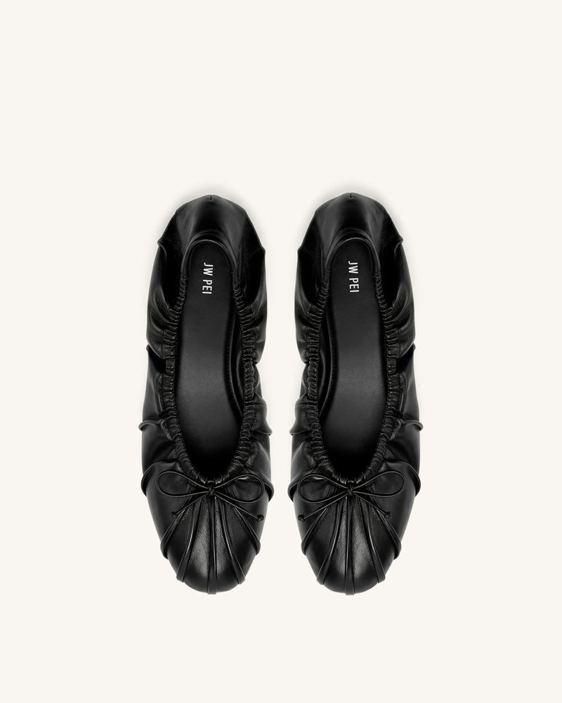Elara Ruched Drawstring Ballet Flats - Black