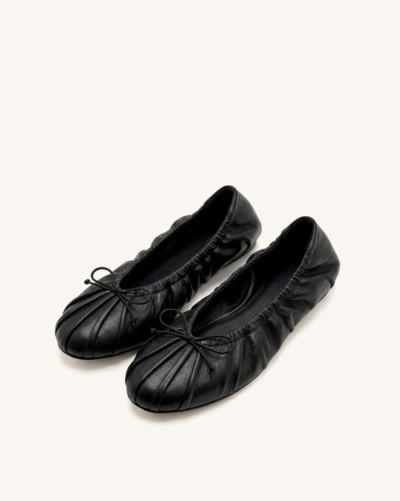 Elara Ruched Drawstring Ballet Flats - Black