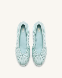 Elara Ruched Drawstring Satin Ballet Flats - Blue