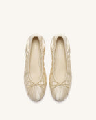 Solenne Ruched Drawstring Satin Ballet Flats - Beige
