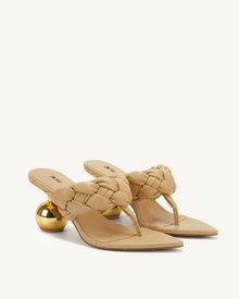 Ellie Braided Orb Heel Thong Mule Heels - Khaki