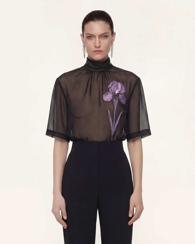 Sheer Floral Print Blouse - Black