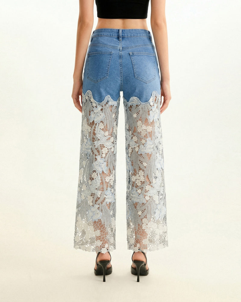 High-Rise Rhinestone Lace Wide-Leg Jeans - Medium Blue