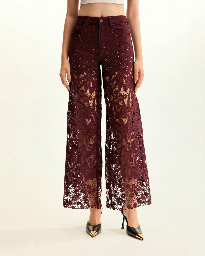High-Rise Rhinestone Lace Wide-Leg Jeans - Burgundy