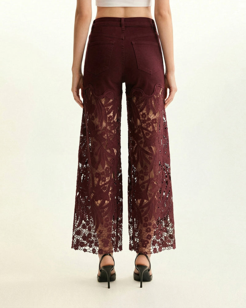 High-Rise Rhinestone Lace Wide-Leg Jeans - Burgundy