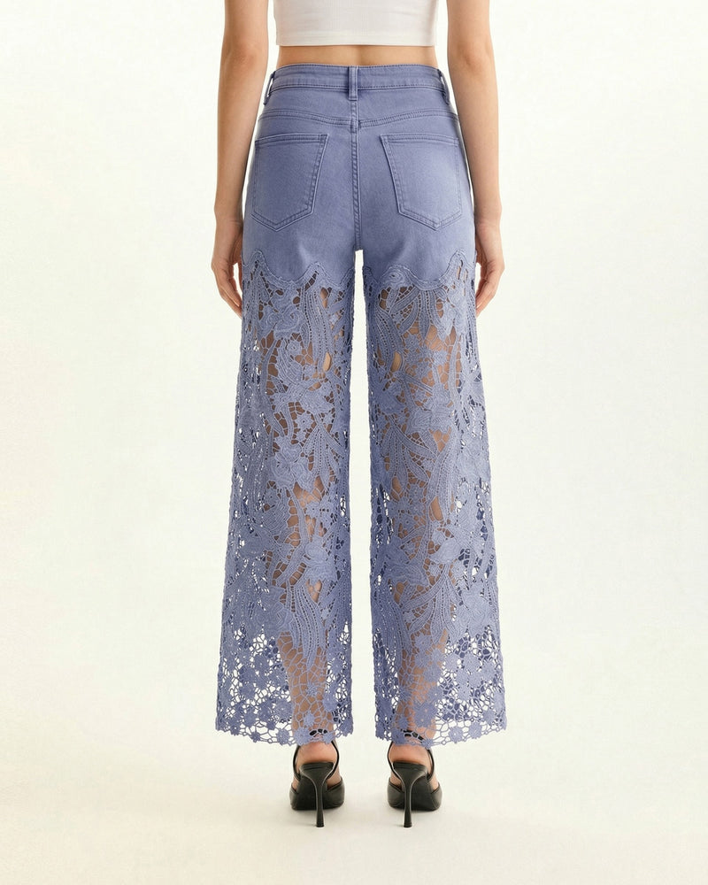 High-Rise Rhinestone Lace Wide-Leg Jeans - Hyacinth