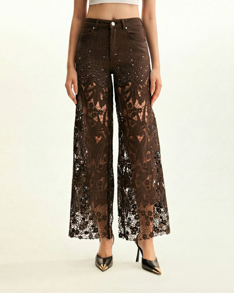 High-Rise Rhinestone Lace Wide-Leg Jeans - Coffee Color