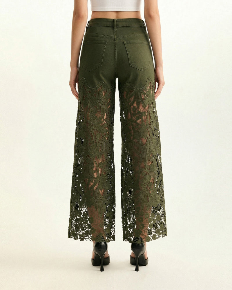 High-Rise Rhinestone Lace Wide-Leg Jeans - Army Green