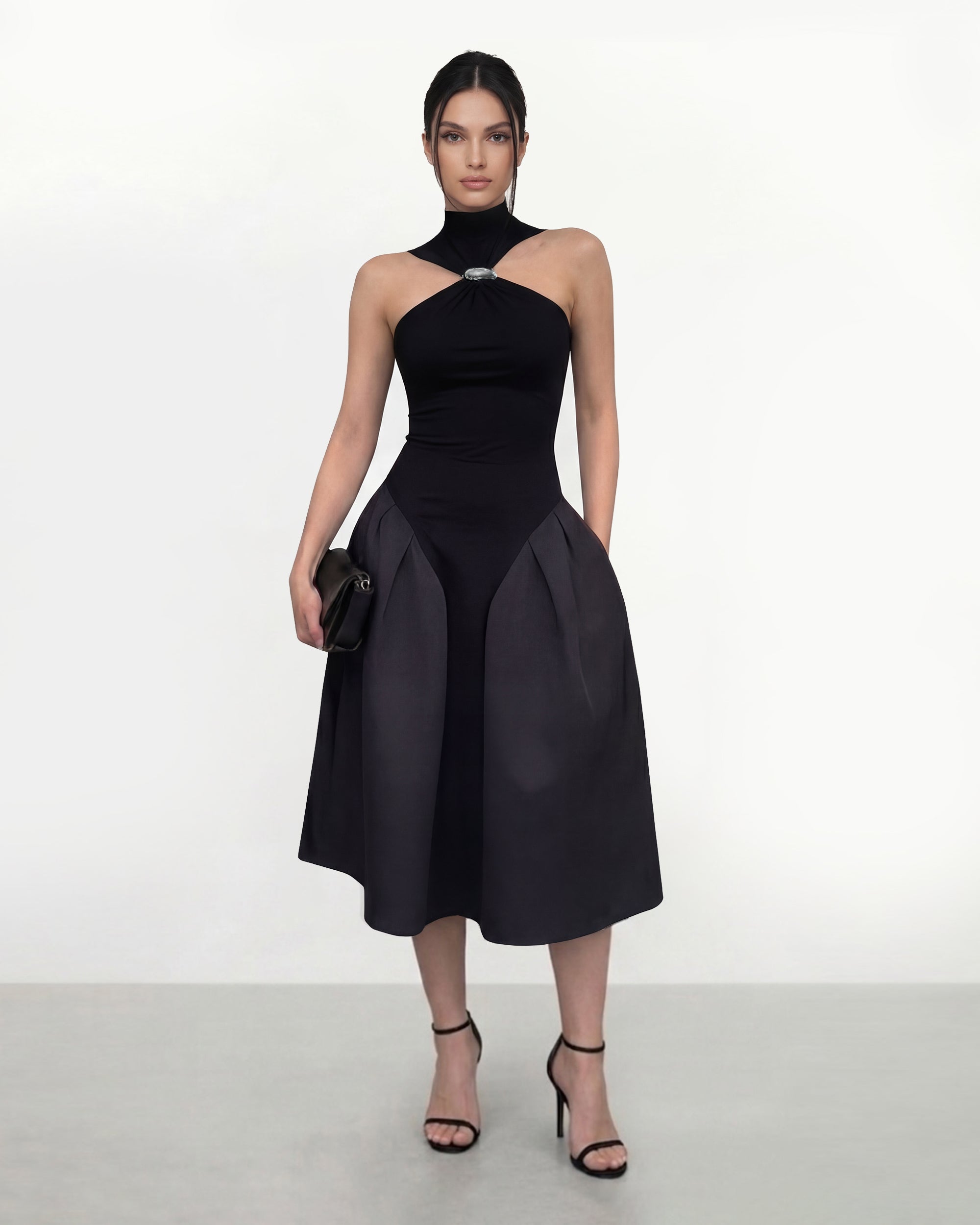 Halterneck Paneled Midi Dress - Black