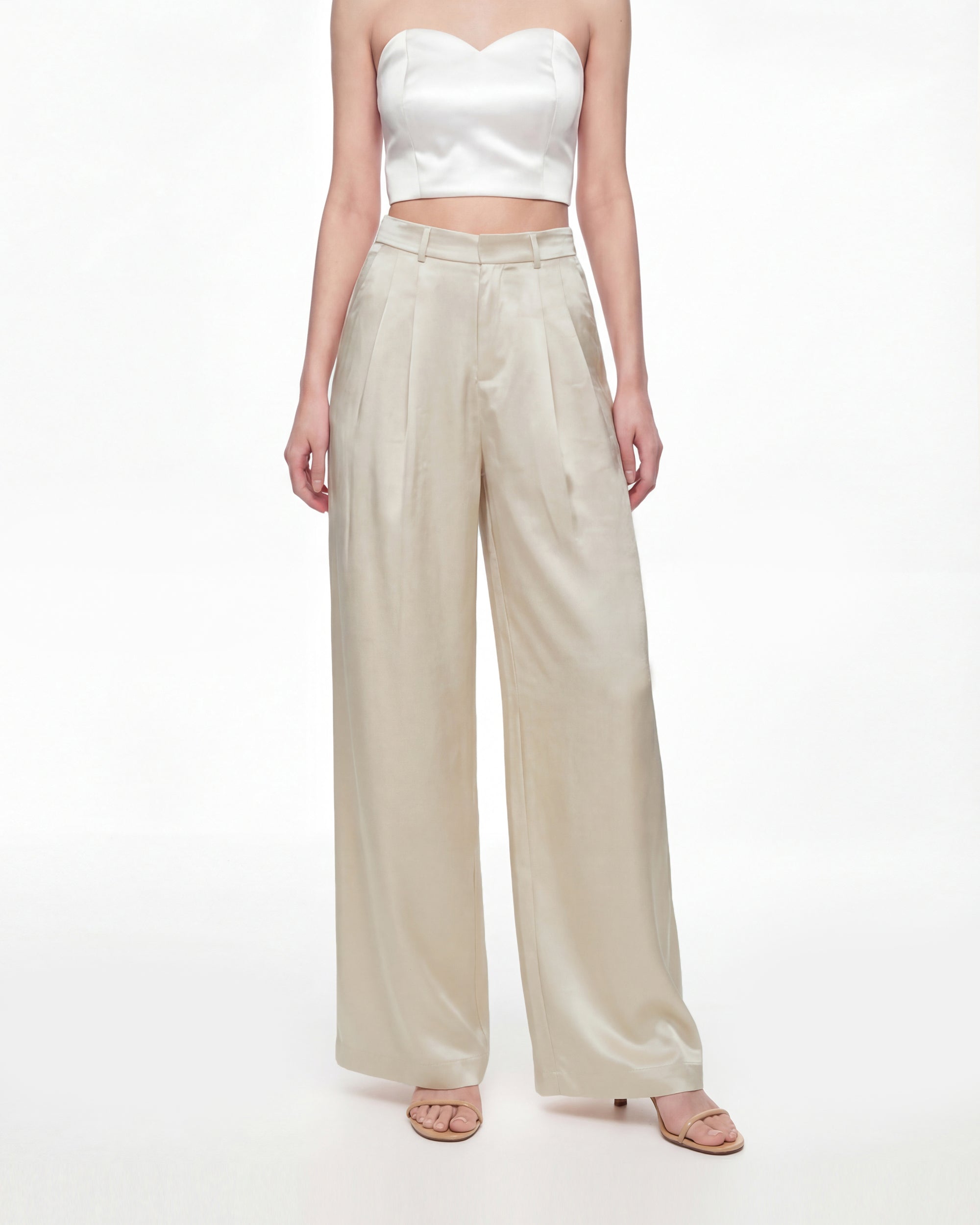 Satin Wide-Leg Trousers - Cream