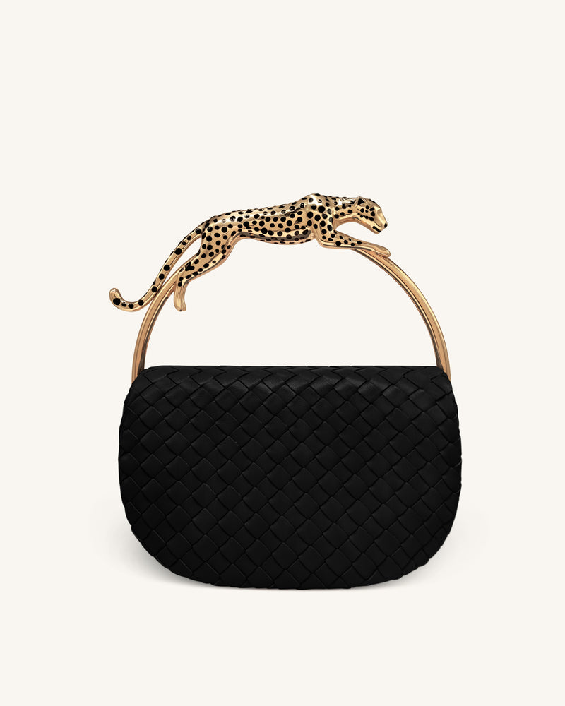 Ione Leopard Shaped Hardware Handle Woven Top Handle Bag - Black