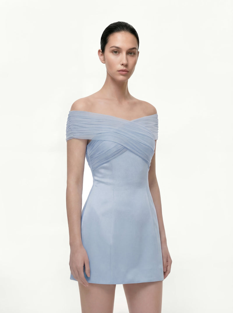 Satin Mini Dress with Tulle Cross-Halter - Blue
