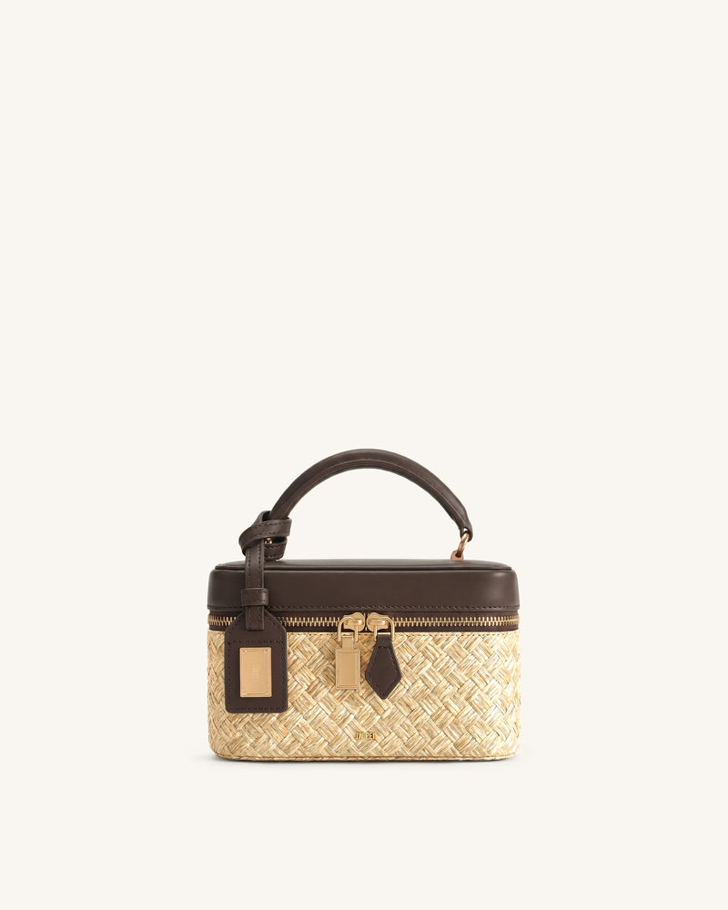 Cleo Faux Straw Box Shape Top Handle Bag - Brown
