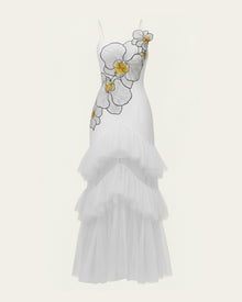 Orchid Embroidered Ruffled Tulle Strapless Maxi Dress - White