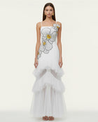 Orchid Embroidered Ruffled Tulle Strapless Maxi Dress - White