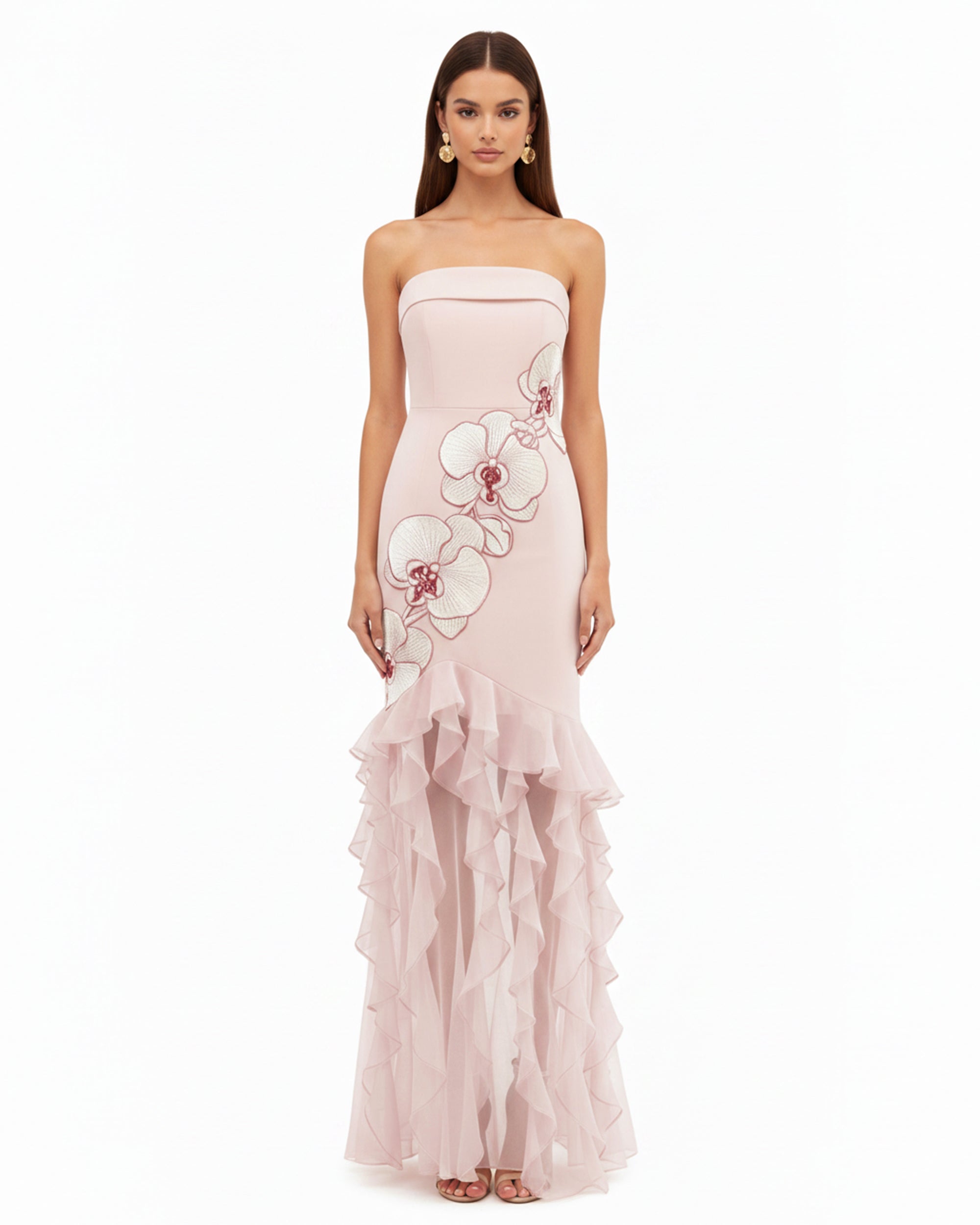 Orchid Embroidered Ruffled Strapless Maxi Dress - Blush Pink