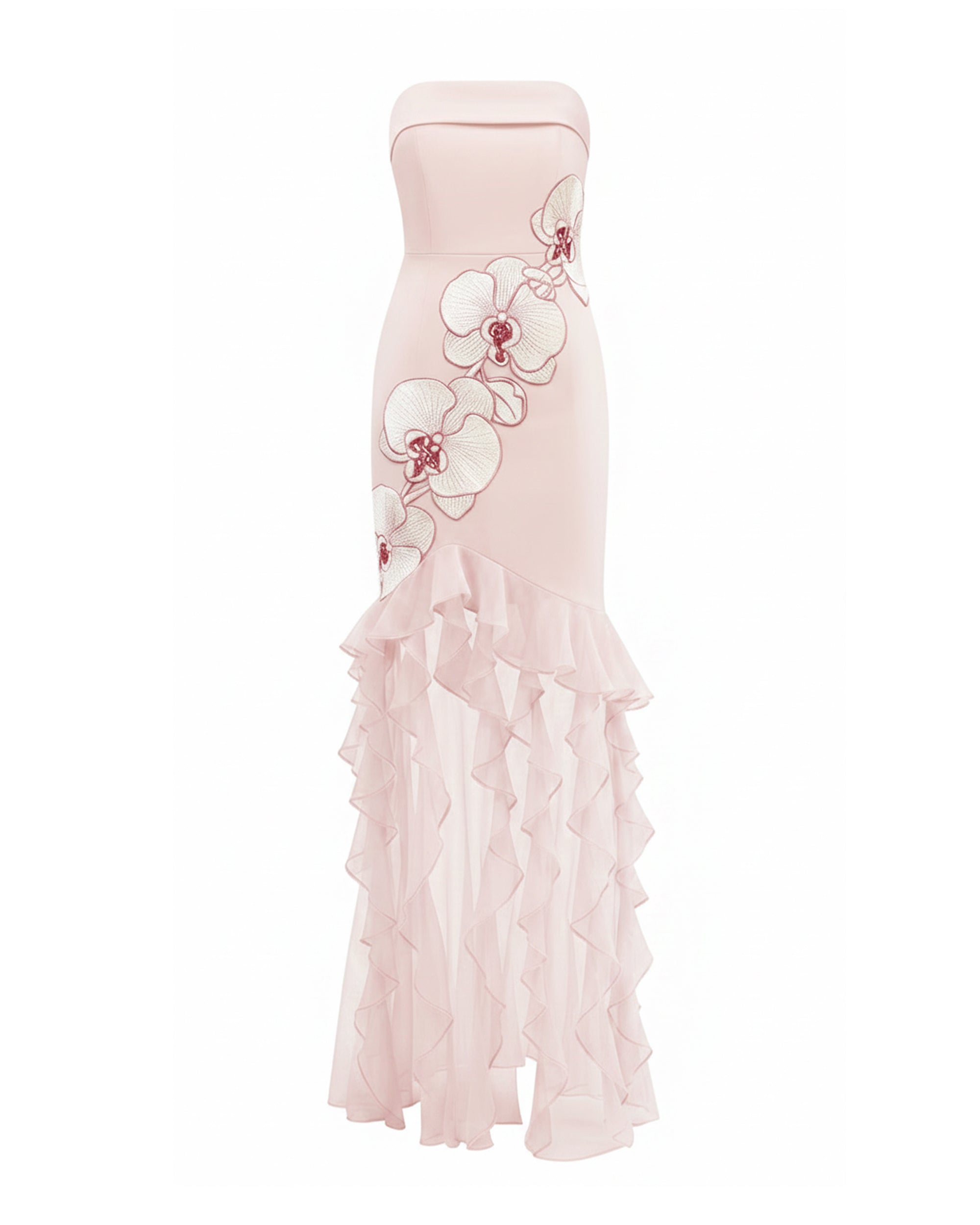 Orchid Embroidered Ruffled Strapless Maxi Dress - Blush Pink