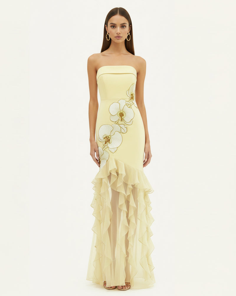Orchid Embroidered Ruffled Strapless Maxi Dress - Pale Yellow