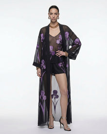 Iris Print Sheer Belted Longline Kimono - Black/Purple