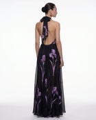 Iris Print Sheer Halter Maxi Dress - Black/Purple