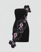 Orchid Embroidered Floral Appliqué Strapless Mini Dress - Black Purple