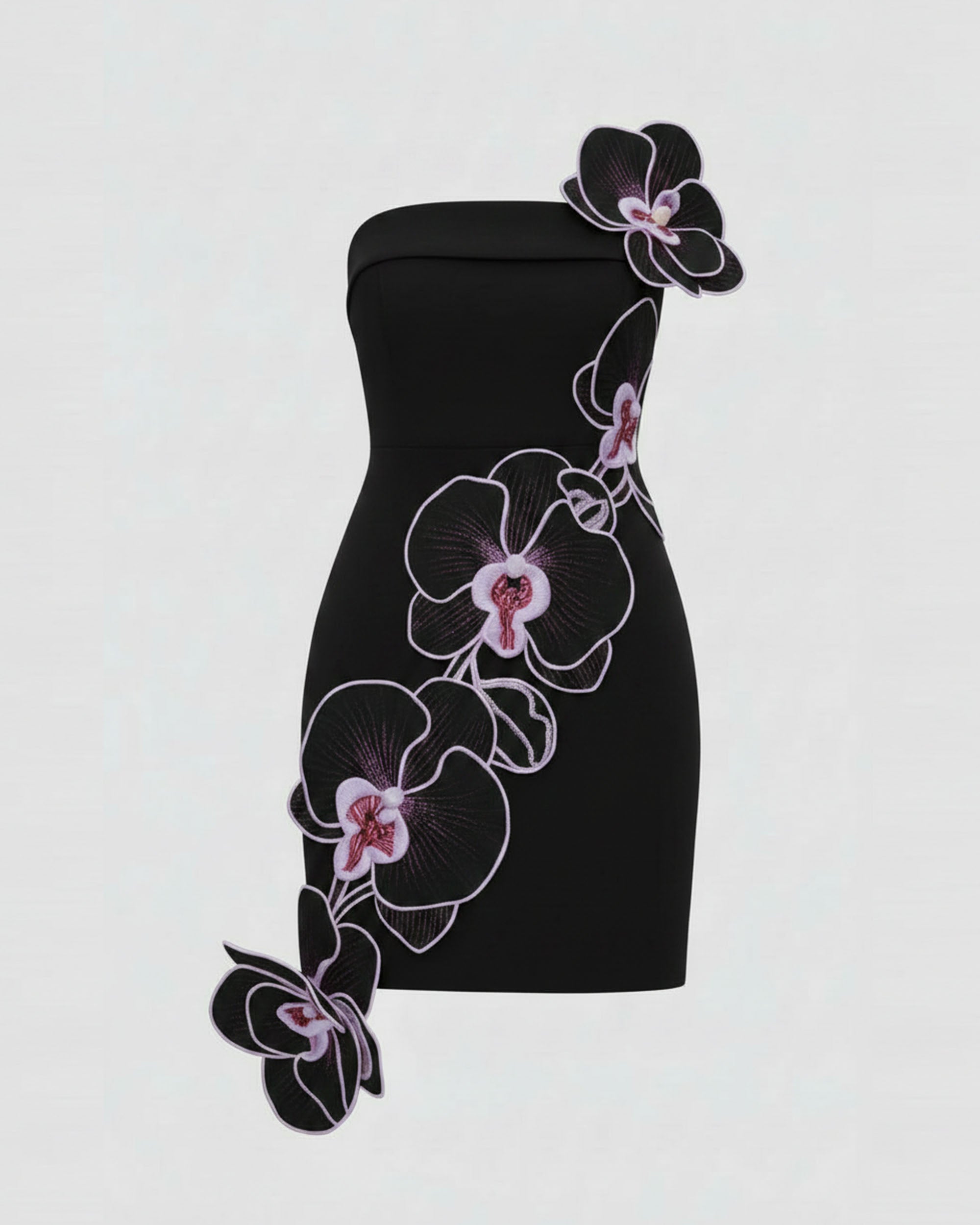 Orchid Embroidered Floral Appliqué Strapless Mini Dress - Black Purple