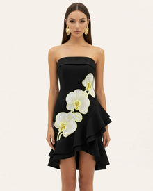 Orchid Embroidered Asymmetrical Strapless Midi Dress - Black Yellow