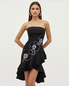 Orchid Embroidered Asymmetrical Strapless Midi Dress - Black Purple