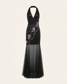 Orchid Embroidered Sheer Hem Halter Maxi Dress-  Black Purple