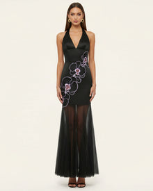 Orchid Embroidered Sheer Hem Halter Maxi Dress-  Black Purple